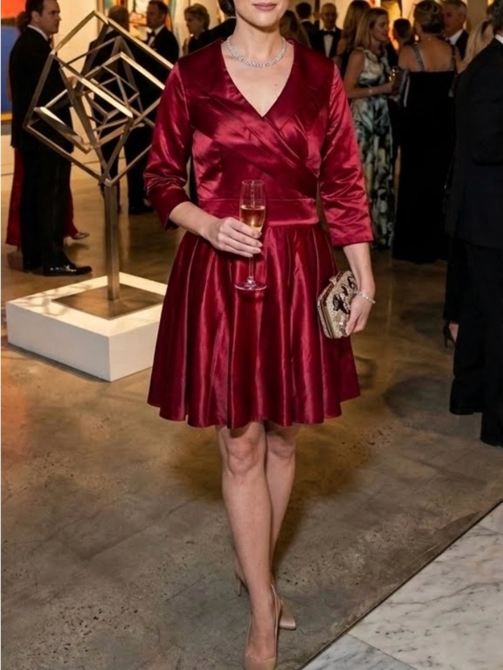 Elegant Burgundy Satin Fit-and-Flare Dress
